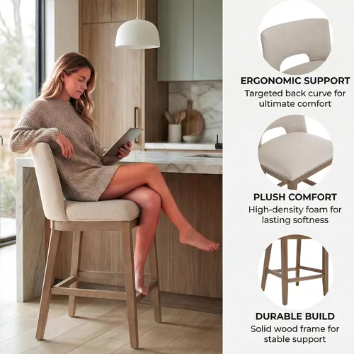 Miniatura 4 de Chairus Juego de 2 taburetes de bar de 26" sin brazos, acolchados con respaldo de madera y patas, taburetes tapizados en tela de lino para encimera
