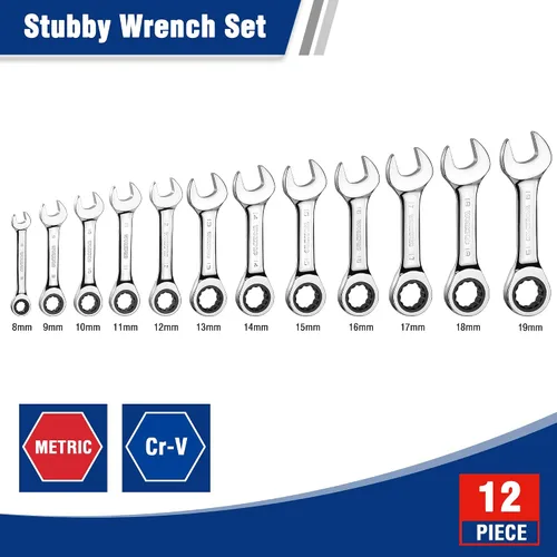 Miniatura 2 de WORKPRO Juego de 12 llaves de trinquete rechonchas, métricas de 0.315-0.748 in, 72 dientes, acero Cr-V, juego de llaves combinadas de trinquete