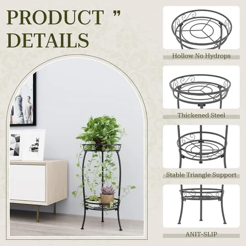 Miniatura 3 de Paquete de 2 soportes para plantas para interiores y exteriores, estante de metal de 2 niveles de 27 pulgadas de alto, estante resistente