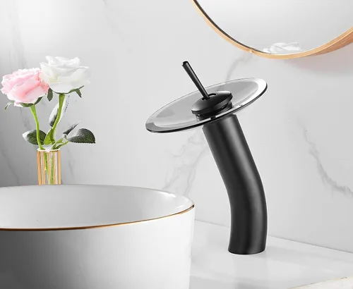 Miniatura 5 de Grifo de baño negro cascada con boquilla de vidrio giratoria de 360 ° con un solo mango, un agujero, latón macizo, grifo de cuenco de baño, lavabo