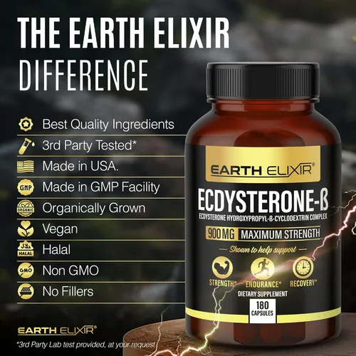 Miniatura 5 de Earth Elixir Suplementos de Ecdysterone 900 mg (180 cápsulas) – Hecho en Estados Unidos – Suplementos de construcción muscular para hombres con 95%