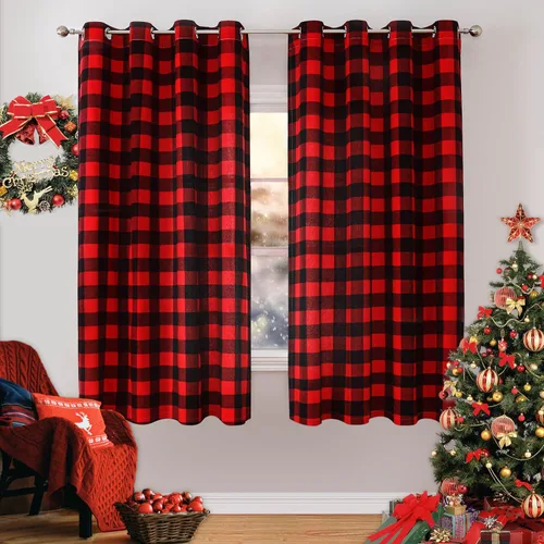 Cortinas navideñas de búfalo rojo de 50 pulgadas, 2 paneles, cortinas de oscurecimiento con ojales rojos y negros para dormitorio, sala de estar,