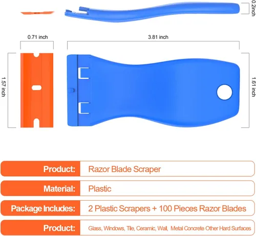Miniatura 7 de Herramienta raspadora de cuchillas de afeitar de plástico, paquete de 2 removedores de pintura de pared con 100 cuchillas de plástico, kit de Azul