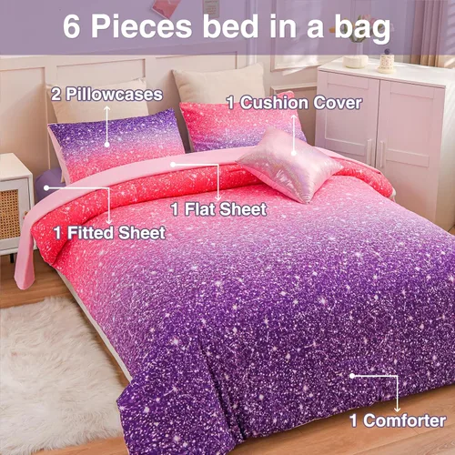 Miniatura 5 de A Nice Night Juego de Edredón para Niñas Tamaño Twin 6 Piezas Cama en una Bolsa Ropa de Cama 3D Colorida Brillante Galaxia Arcoíris