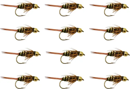 Feeder Creek Moscas de pesca con mosca, cabeza de cuentas, príncipe | Moscas ninfas | 12 moscas para pesca con mosca | Moscas de trucha y moscas de