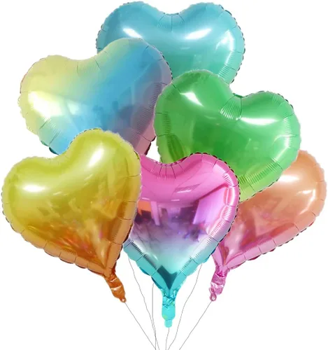 18 globos surtidos en forma de corazón de color degradado de 18 pulgadas, 6 tipos de globos de aluminio para fiesta de arcoíris, globos de aluminio