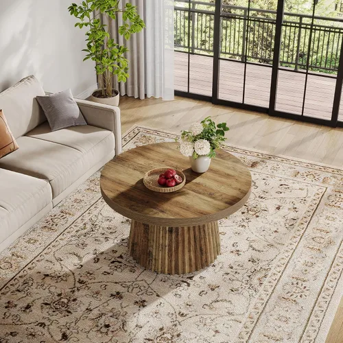 Miniatura 8 de Tribesigns - Mesa de café, mesa de café redonda pequeña de 31.5" de estilo granja con base de tambor estriada, mesa central de acento boho moderna