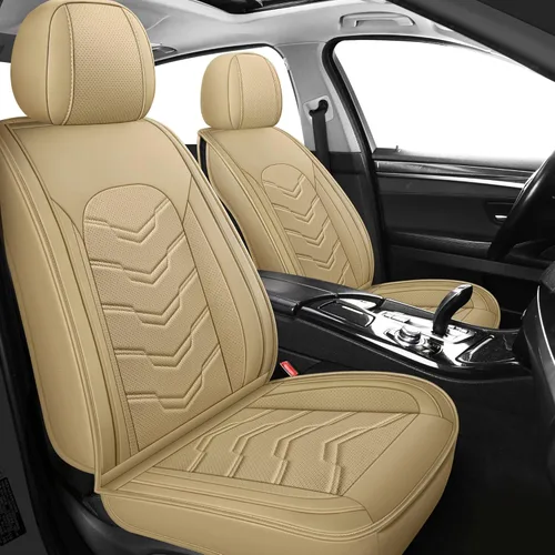 AOOG Fundas de cuero para asiento de automóvil, ajuste universal para la mayoría de los sedanes, SUV, camiones (asiento delantero, beige)