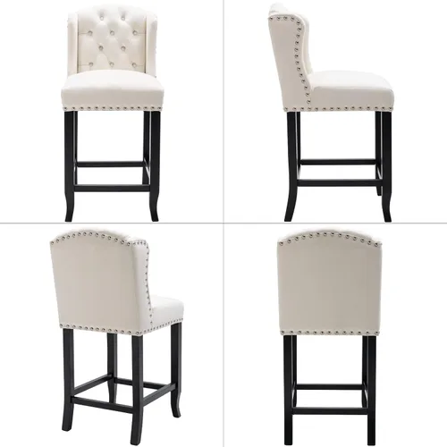 Miniatura 3 de LukeAlon Juego de 2 taburetes de bar clásicos de terciopelo de 30 pulgadas, sillas de bar altas con respaldo de alas con botones y patas de madera