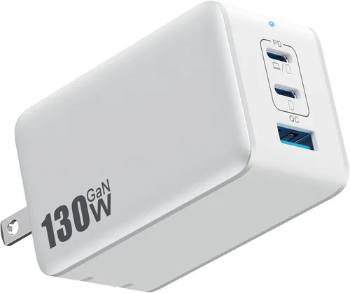 Miniatura 11 de Cargador de pared USB C de 128 W, estación de carga rápida de 3 puertos GaN III, bloque de cargador plegable PD QC, adaptador portátil de 65 W