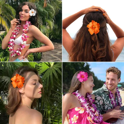 Miniatura 7 de Paquete de 3 pinzas para el cabello de flores hawaianas, 3.5 pulgadas, pinzas para el cabello de flores de hibisco tropicales para mujer, pinzas