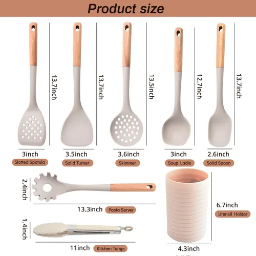 Miniatura 7 de Juego de utensilios de cocina de silicona, 8 piezas antiadherentes con soporte, utensilios de cocina caqui con asas de madera, juego de cocina