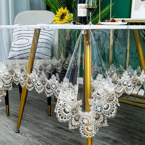 Miniatura 13 de Mantel redondo de plástico transparente, impermeable, de vinilo, PVC, bordado, borde de encaje, transparente, para cocina, uso en exteriores e