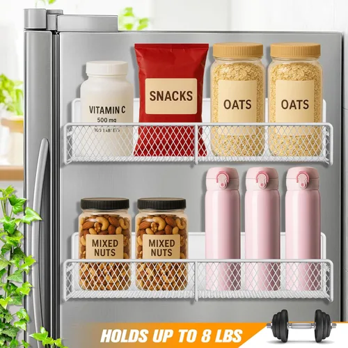Miniatura 2 de Estante magnético para especias para refrigerador, paquete de 2 estantes magnéticos para refrigerador con 4 ganchos, estantes magnéticos negros