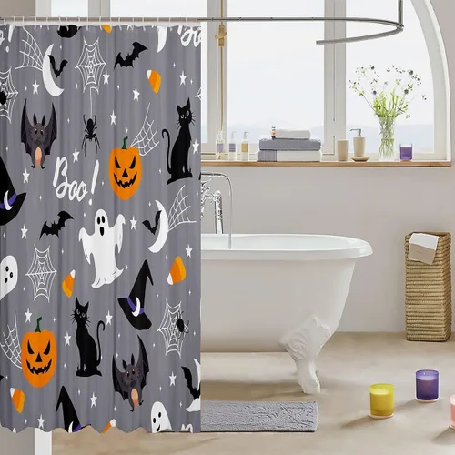 Miniatura 3 de Erosebridal Juego de cortinas de ducha góticas espeluznantes para bañeras, farol de calabaza, cortina de baño para niños, telarañas fantasmas, Multi