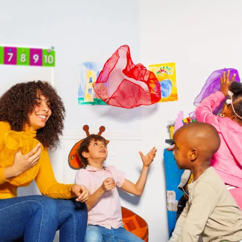 Miniatura 5 de KIMOBER 12 bufandas cuadradas de baile, 12 colores malabares de seda, trucos de magia de música, accesorios para niños pequeños (24 x 24 pulgadas)