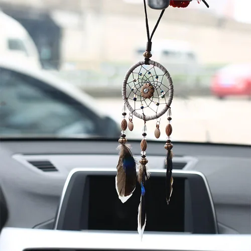 Miniatura 3 de Atrapasueños para automóvil, espejo retrovisor de estilo bohemio hecho a mano, decoración colgante con plumas y cuentas, dije de buena suerte
