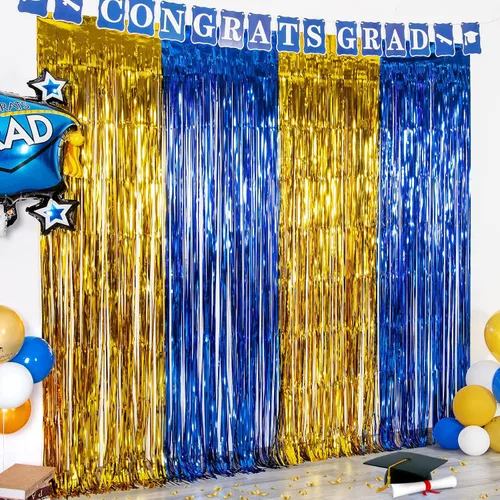 LOLStar Paquete de 2 decoraciones de fiesta de graduación azul y dorado 2025, cortinas de flecos de aluminio de 3.3 x 6.6 pies, telón de fondo de