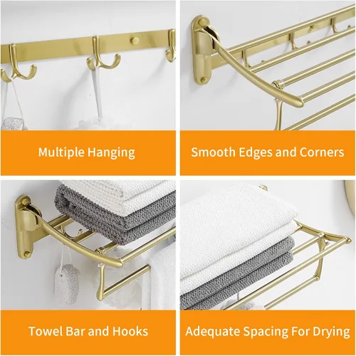 Miniatura 7 de BESy Toalleros de 24 Pulgadas en Oro Cepillado, Estante de Toallas de Baño con Barra Plegable y Ganchos para Toallas, Accesorios de Baño