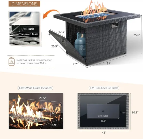 Miniatura 4 de NICESOUL Mesa de Fogata de Propano de Mimbre, 60000 BTU Mesas Grandes de Fogata de Gas Natural, 43'' Chimeneas Rectangulares CSA para Terraza Patio