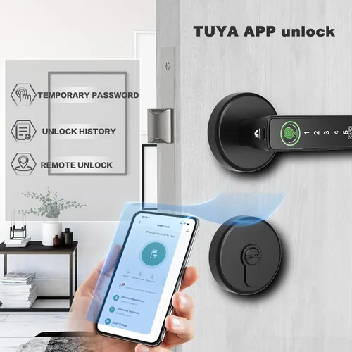 Miniatura 4 de Juego de cerradura inteligente para puerta, huella digital, código de acceso, tarjetas, control de aplicación, cerrojo de entrada sin llave con asa