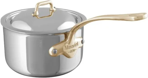 Mauviel M'Cook B - Sartén de acero inoxidable pulido de 5 capas con tapa y mango de latón, 1.2 cuartos de galón, fabricado en Francia