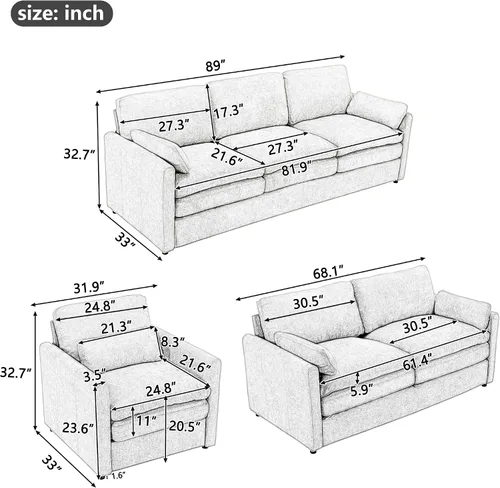 Miniatura 3 de P PURLOVE Juego de sofá tapizado de 3 piezas, cojín doble para sala de estar, oficina en casa (gris claro)
