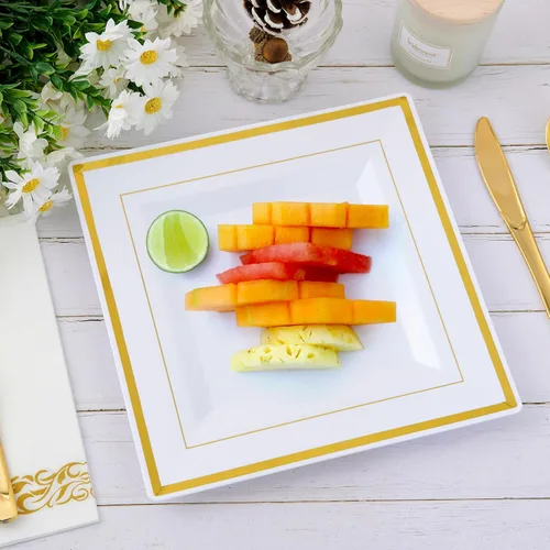 Miniatura 8 de JOLLY CHEF Paquete de 60 platos llanos de plástico, platos cuadrados de plástico dorado con elegante borde dorado de 9.5 pulgadas, desechables