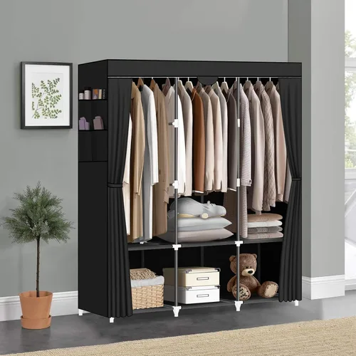 Miniatura 3 de LOKEME Armario portátil, armarios portátiles para colgar ropa con 3 varillas para colgar y 6 estantes de almacenamiento y 4 bolsillos laterales