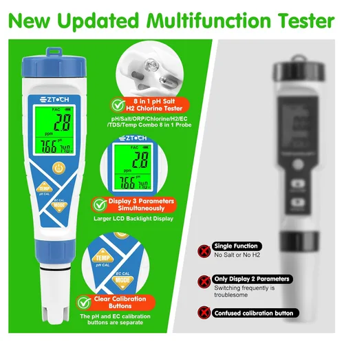 Miniatura 5 de Piscina pH sal y cloro probador 8 en 1 pH digital Salinidad TDS EC cloro ORP H2 para piscina de agua salada, bañera de hidromasaje, hidropónico