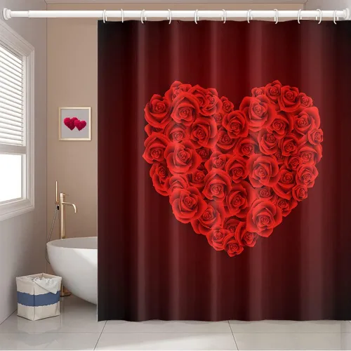 Cortina de ducha romántica con ganchos para el día de San Valentín, diseño romántico de rosas rojas y corazones para San Valentín, estilo festivo,