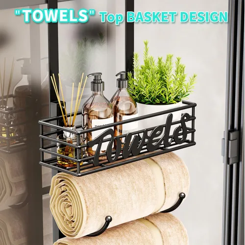 Miniatura 3 de HapiRm Toalleros para almacenamiento de baño, 3 niveles sobre la puerta y montaje en pared, organizador de toallas enrollado con cesta de estante
