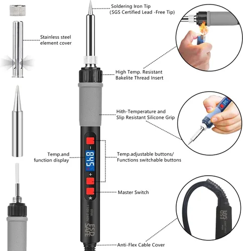 Miniatura 6 de Kit de soldador KEPIOG, soldador eléctrico de 80W, temperatura ajustable (180°C- 500°C), con multímetro, lupa, maniquí de ayuda para soldar, tubo