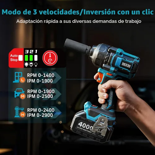 Miniatura 5 de Seesii Llave de impacto de 886 pies (1200 N.m), pistola de impacto de 1/2 de alto par con batería de 21 V, 2 x 4.0 Ah, destornillador de impacto