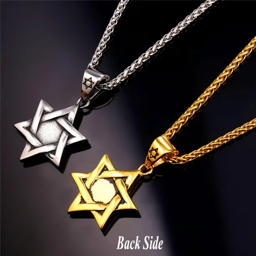 Miniatura 150 de U7 - Collar con Estrella de David para hombres y mujeres, dije hexagonal de acero inoxidable con cruz/piedra de rubí/collares clásicos judíos