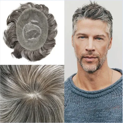 Miniatura 26 de Tupé para hombre 100% europeo cabello humano tupé para hombres piel ultra fina para hombre piezas de pelo sistema de reemplazo V-Looped Natural
