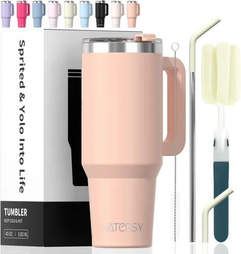 Miniatura 34 de Vaso de 20 oz con asa, vaso con tapa y pajita, vaso de doble pared con aislamiento de acero inoxidable para viajes (frío durante 34 horas), botella