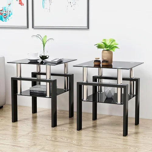 Mesa auxiliar moderna de vidrio templado, mesa de centro cuadrada para sala de estar, mesa de té de cristal, mesa auxiliar de sofá (negro, 2