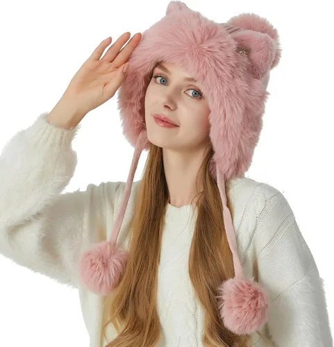 Miniatura 3 de HUAMULAN - Gorro de invierno para mujer estilo peruano con forro polar, solapas para orejas, doble capa, con pompones