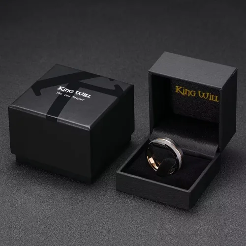 Miniatura 6 de King Will Loop. Anillo de boda de carburo de tungsteno de 0.2360.315de pulgada, con línea de oro rosa, anillo negro y plata cepillado, ajuste cómodo