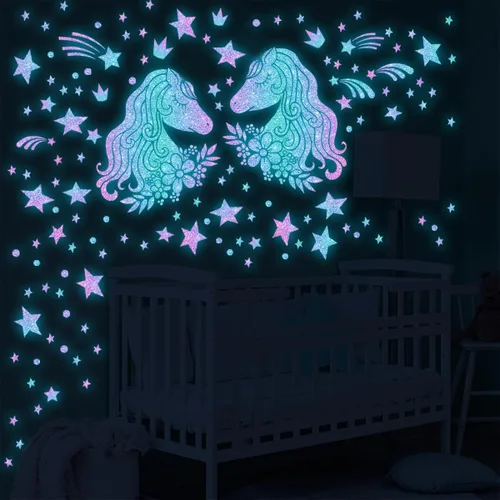 Miniatura 8 de Calcomanías de pared de unicornios que brillan en la oscuridad, unicornios, estrellas, calcomanías de pared para decoración de dormitorio de bebés