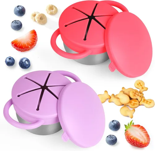 Miniatura 8 de Pack de 2 tazas para aperitivos a prueba de derrames para niños pequeños - Tazas para aperitivos de acero inoxidable desmontables para niños