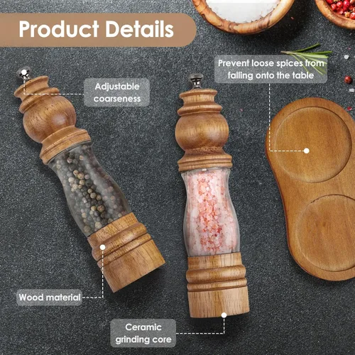 Miniatura 2 de Juego de molinillo de sal y pimienta de madera con bandeja y cuchara de madera, molinillo manual de sal y pimienta de 8 pulgadas, grosor ajustable