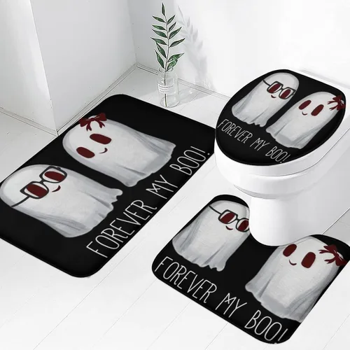 Miniatura 21 de Tapete de baño de 3 piezas de otoño con diseño de calabaza, color azul y verde, hojas de arce, cosecha, decoración de Acción de Gracias, juego