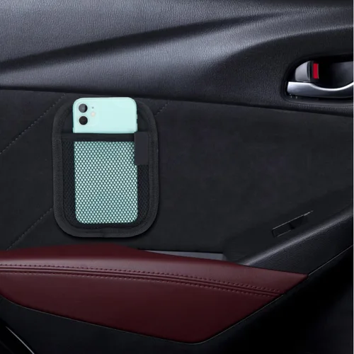 Miniatura 8 de Bolsa de almacenamiento para teléfono móvil para automóvil, 2 unidades, piel sintética, organizador de automóvil, bolsillo de red para asiento