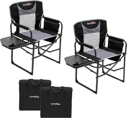 SUNNYFEEL Silla de directores de camping, resistente, silla plegable portátil de gran tamaño con mesa auxiliar, bolsillo para playa, pesca, viaje,