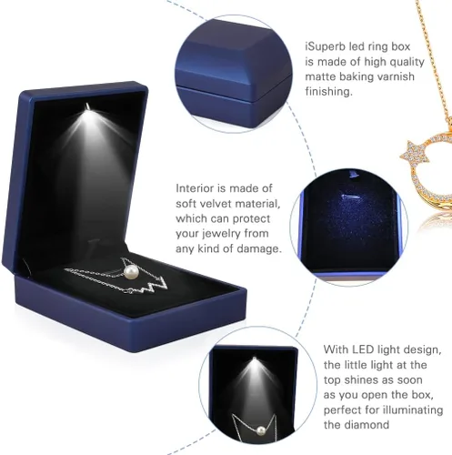 Miniatura 4 de iSuperb 2 cajas con colgante LED para collar iluminado exhibición de joyas para propuestas compromiso boda regalo azul profundo