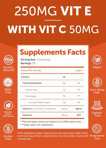 Miniatura 4 de Lunakai Gomitas de vitamina E fabricadas en Estados Unidos de 400 UI con vitamina C, suplemento delicioso, vegano, sin OMG para soporte diario