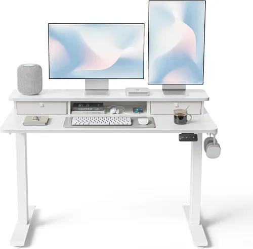 Miniatura 10 de FEZIBO Escritorio de pie de 48 x 24 pulgadas con altura ajustable, escritorio eléctrico de pie con doble cajón, escritorio de oficina en casa con 4
