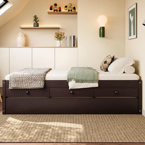 Miniatura 3 de Cama de plataforma individual con nido y cajones de almacenamiento, sofá cama de madera maciza con tomas de corriente y listones completamente